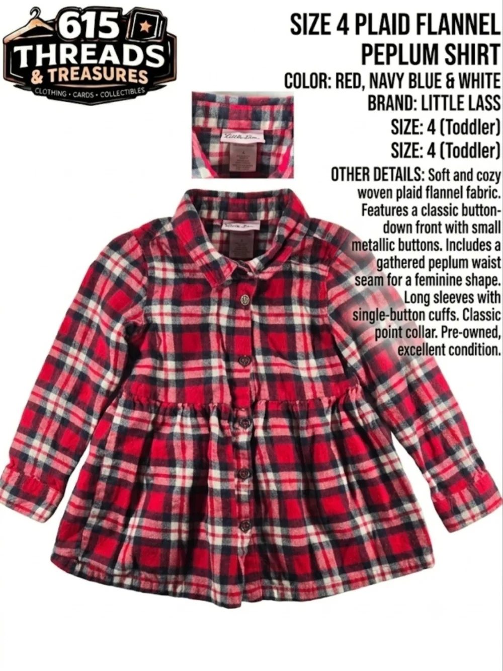 Little Lass Red, Navy & White Plaid Button-Down Peplum Shirt